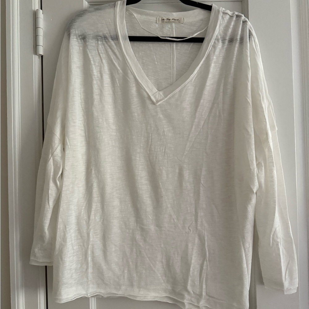 White V-Neck Long Sleeve Top